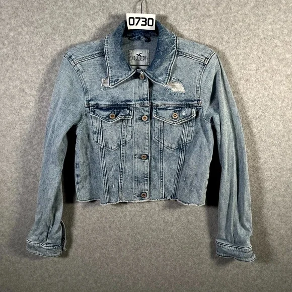 Hollister California Trucker Jacket Womens S Blue Denim‎ Medium Wash Distressed