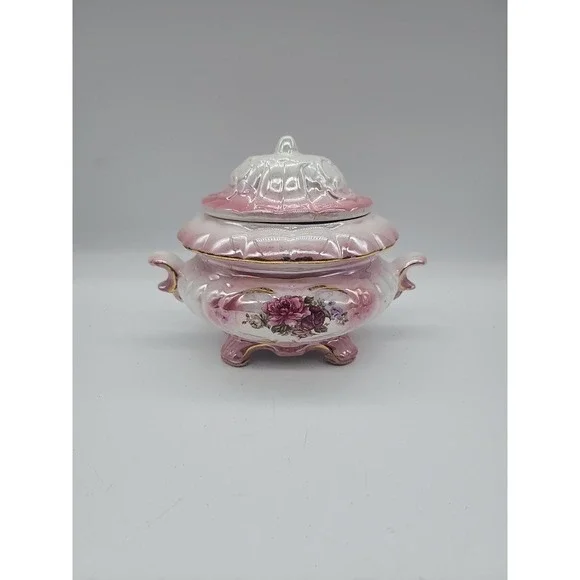 Vintage Pink Lusterware Floral Ceramic Lidded Dish Gold Trim Footed Tureen 6x7