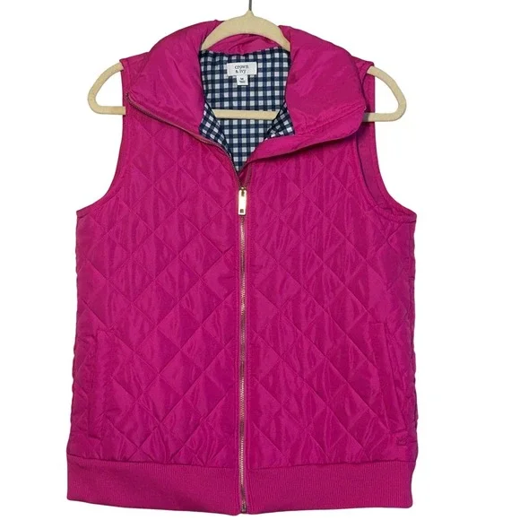 Crown & Ivy Womens Hot Pink Quilted Puffer Vest Gingham Lining Size‎ M Full Zip