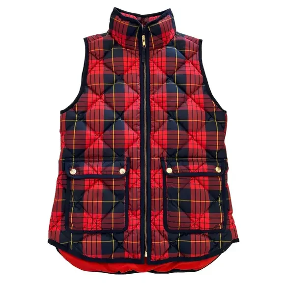 J Crew Excursion Red Navy Size XXS Quilted Vest Down Plaid Puffer Tartan