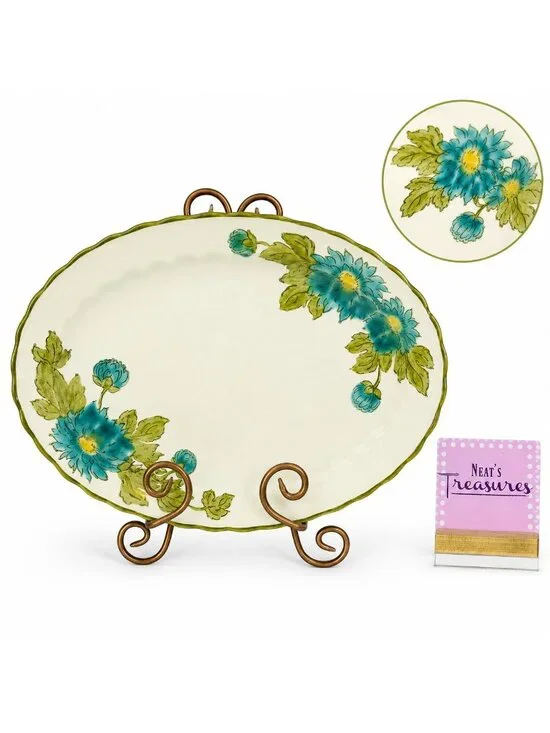 MCM Metlox Poppytrail Vernon BLUE FASCINATION Floral Green Trim Oval 14