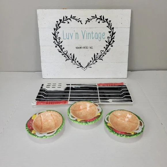Fitz and Floyd Grillin and Chillin Burger Appetizer Platter‎ Bowl Set BBQ Party