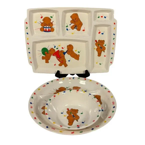 Anacapa Teddy Bear Band Vintage 1987 Melamine Kids Dish Set 3 Platter Tray Bowl