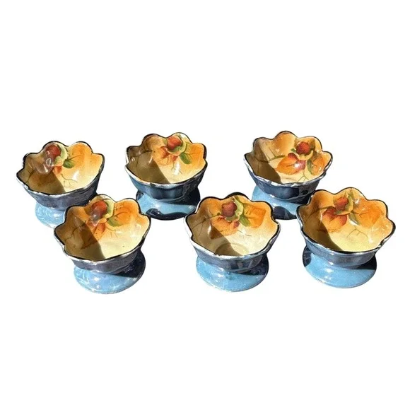 Vintage Lustre Open Salt Cellars‎ dessert Bowls Orange Blue floral Set Of 6