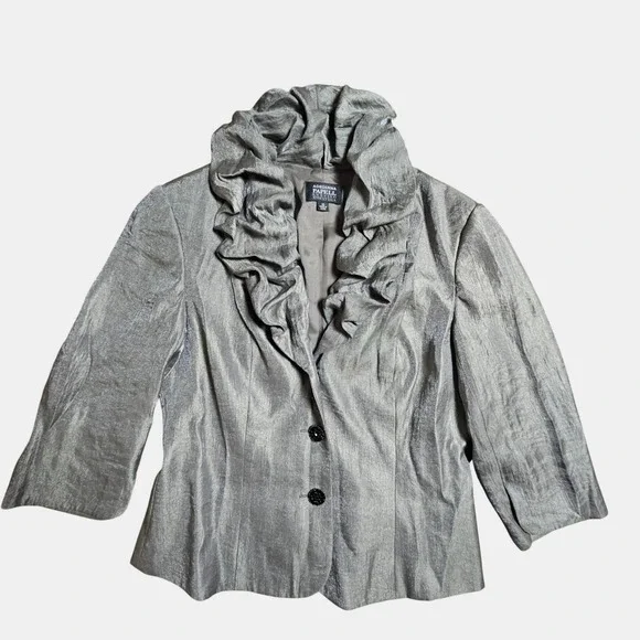 Adrianna Papell Ruffle‎ Neckline Metallic Shimmer Blazer Jacket 10 Eveningwear