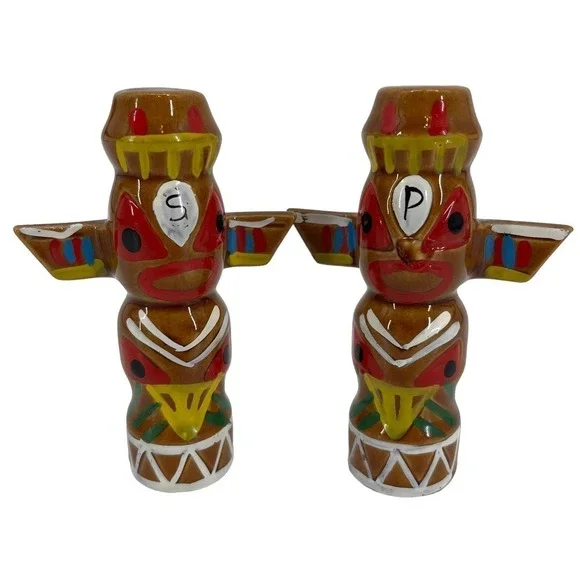 Vintage Salt & Pepper‎ Shakers Totem Pole Native American Ceramic