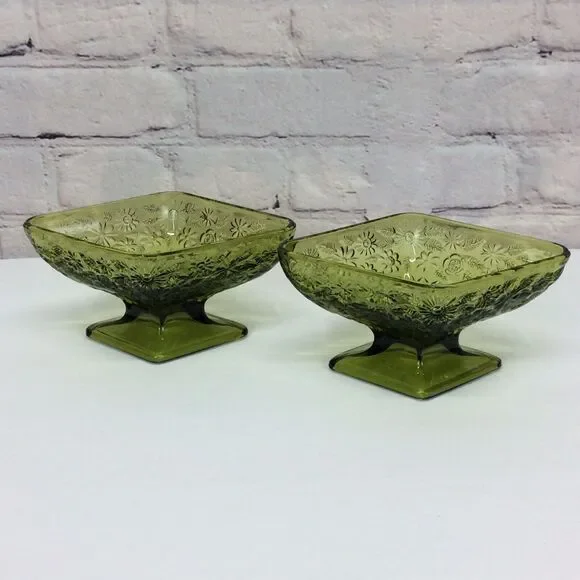Vintage Indiana Glass Olive Green Diamond Shape Pedestal Candy Dish Bowl Set 2