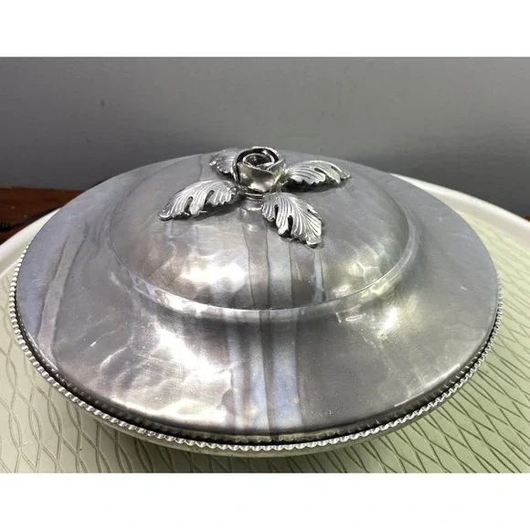 Vintage Continental Silverlook 557 Hand Wrought Aluminum Serving Bowl Floral Lid