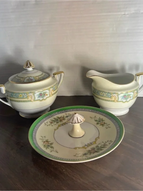 Noritake Vintage Porcelain Sugar Bowl, Creamer, and lemon plate