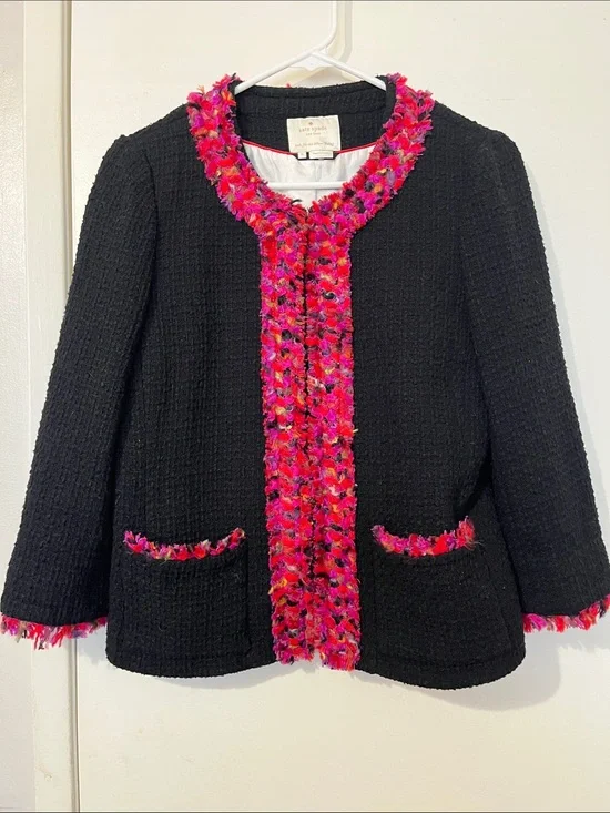 kate spade new york Black Pink Fringe Blazer Jacket Hook & Eye Lined Pockets