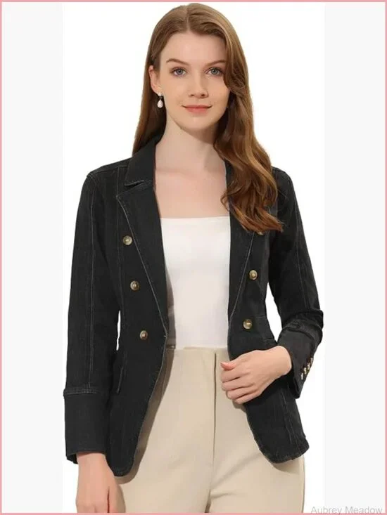 Women's Denim Jacket Button Down Notched Lapel Long Sleeve Office Blazer