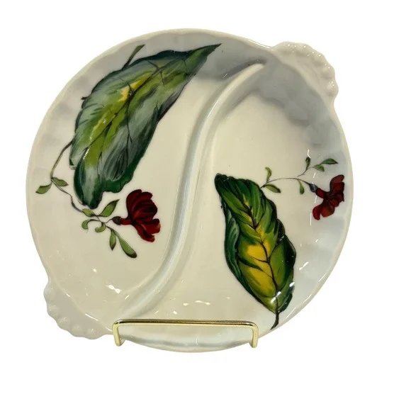 Mottahedeh Design Divided Serving Dish Leaf Floral Hand Painted‎ Cottagecore