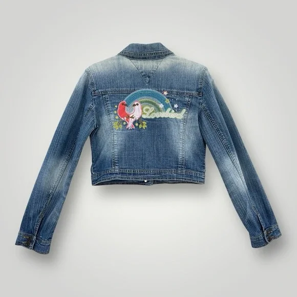 VTG 2005 Tommy Jeans Denim Cropped Jacket Womans M Love Birds Embroidery on Back
