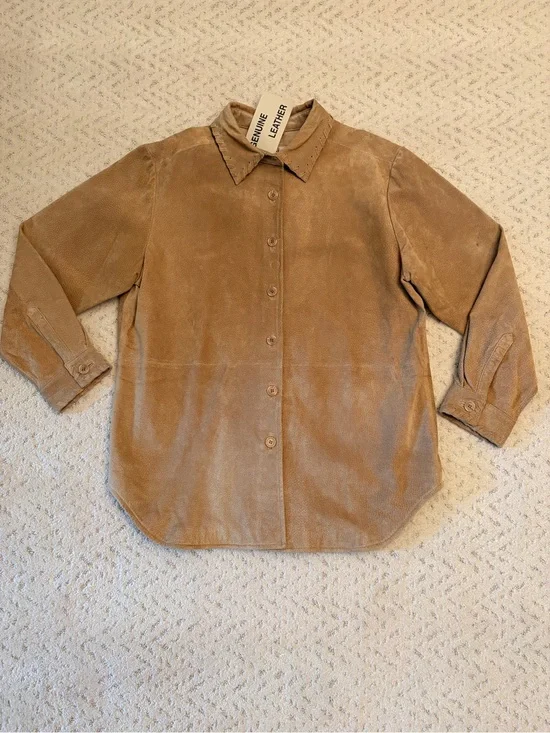Genuine Washable Tan Leather Suede Shacket Jacket NEW With Flaw Womens Large