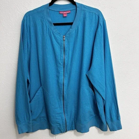 Woman Within Size 2X (18 / 20) Jacket Zipper Front Linen Rayon Blend Cyan Blue‎