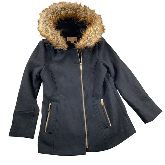 Michael Kors Womens Black Wool Blend Faux Fur Hooded Military‎ Coat Size 12