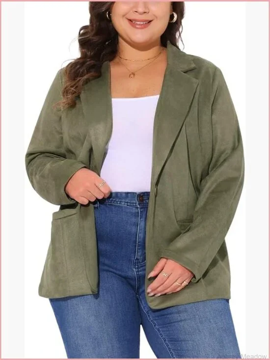Plus Size Faux Suede Lapel Collar Blazer Jacket Work Casual