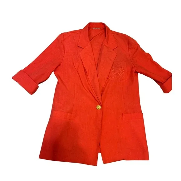 90s 80s coral oversized blazer‎ 3/4 sleeves powersuit gold button crest pocket
