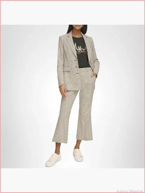 Three Button Plaid Fitted Blazer Notch Collar Long Sleeve Polyester