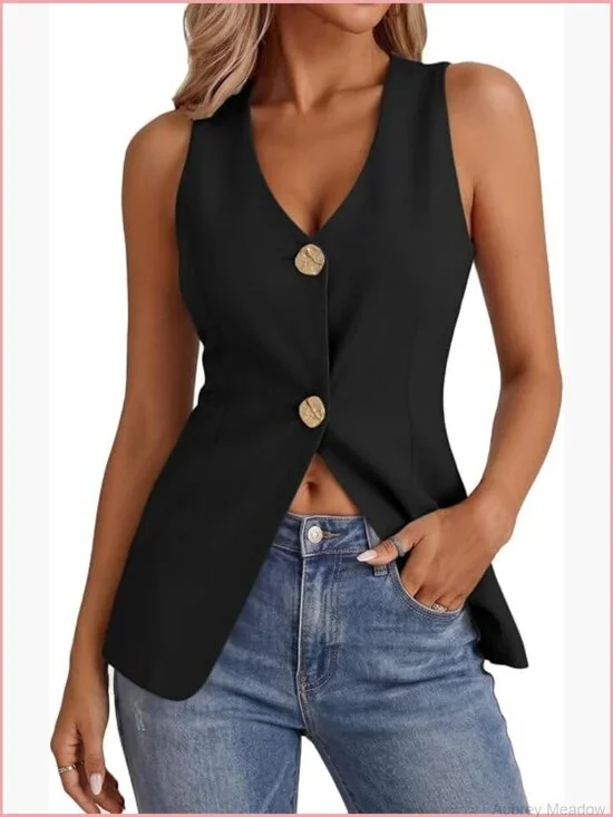 Sleeveless Double-Breasted V-Neck Vest Blazer for Women Slim Work Office Outwear