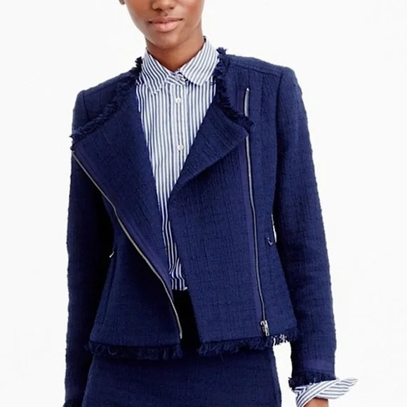 J. Crew Women’s Tweed Motorcycle Jacket with Fringe Navy‎ Blue Size 0