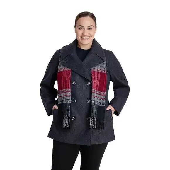 NEW London Fog Women's 1X Gray Wool Blend Pea Coat with Scarf