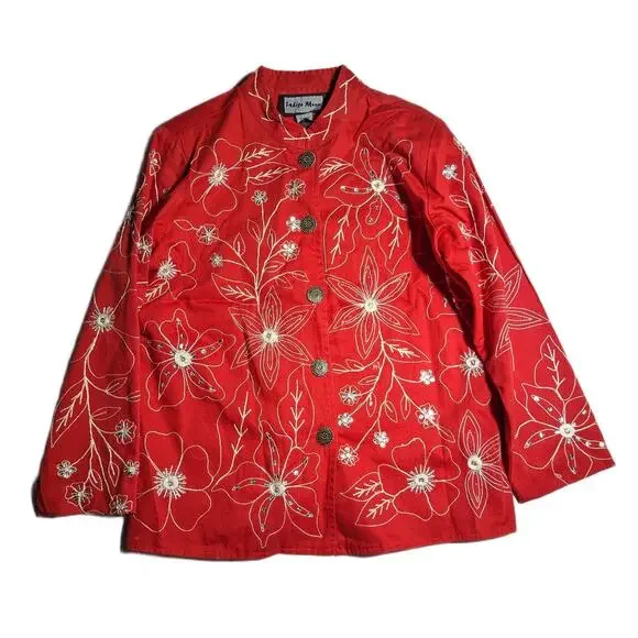 Vtg Y2K Indigo Moon Red White Floral Embroidered Mandarin Collar Jacket Sz S