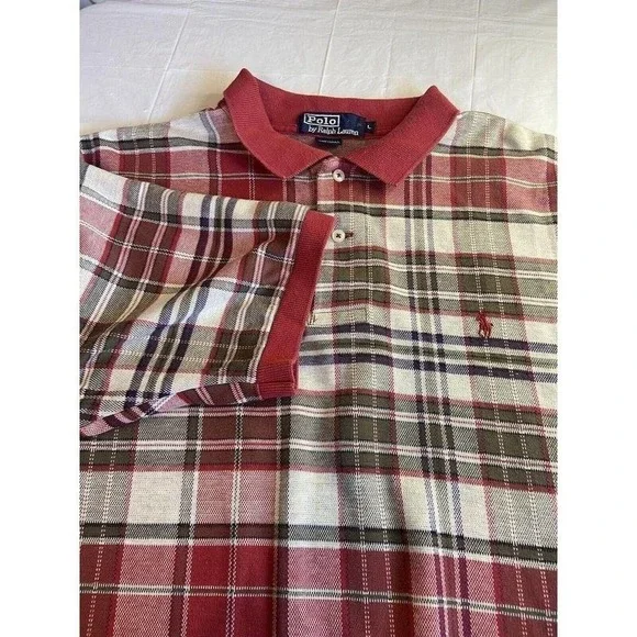 Vintage Ralph Lauren Polo Red Plaid Knit Size Lrg Golf Polo Shirt- Med. Weight