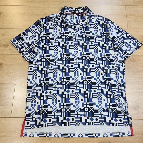 RLX Ralph Lauren Polo Shirt Mens Large Blue Geometric Golf Performance Stretch
