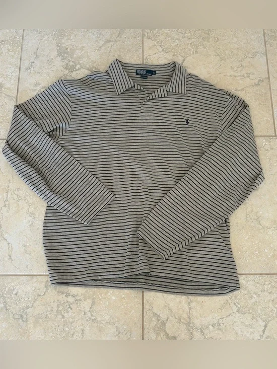 Ralph Lauren Long-Sleeve Striped Polo — Gray with Navy Stripes