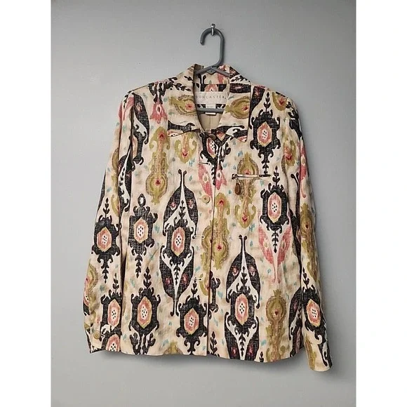 Doncaster‎ Womens Button Down Jacket Size 4 Multicolor Retro Paisley 100% Linen