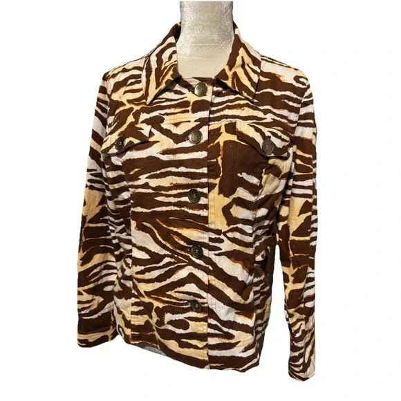 Just B Women's Linen Cotton‎ Denim Jacket Size Large Animal Print Blazer Jacket