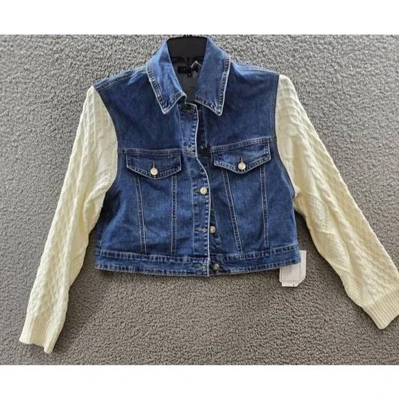 1. State Sweater-Sleeve Denim Jacket Women's M Blue/Ivory Button Closure L/S