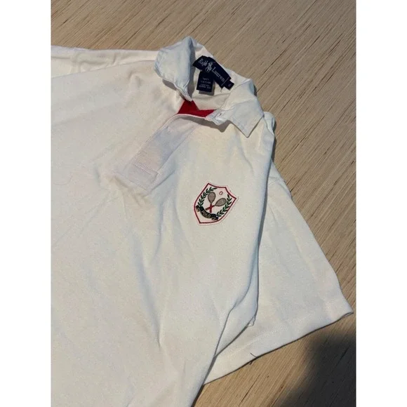 Ralph Lauren Mens White Cotton Crest Polo Shirt Tennis Rackets Red Trim Small 26