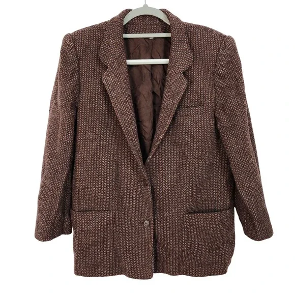 Vintage 80s Peabody House Wool Tweed Blazer Jacket Womens 11/12 Rust Brown Lined