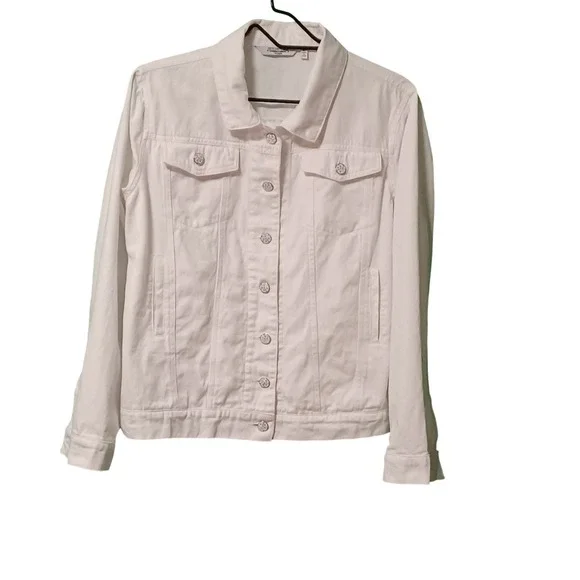 New‎ Direction Woman White Denim Jacket 100% Cotton Trucker Style Size L 54742NJ