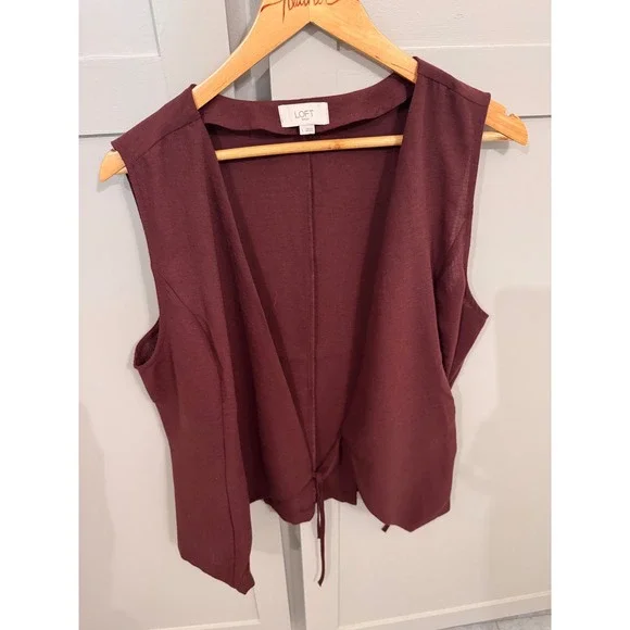 Womens Loft Burgundy Maroon Open Front Tie Hem Vest Sleeveless Cardigan L‎