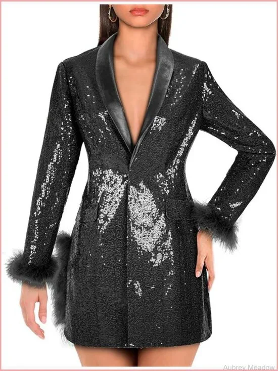 Sequin Blazer Long Sleeve Slim Fit Jacket with Pockets