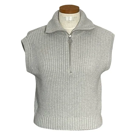 Rachel Zoe Gray Sleeveless 1/4 Zip Closure Ribbed Knit Sweater Vest SzM
