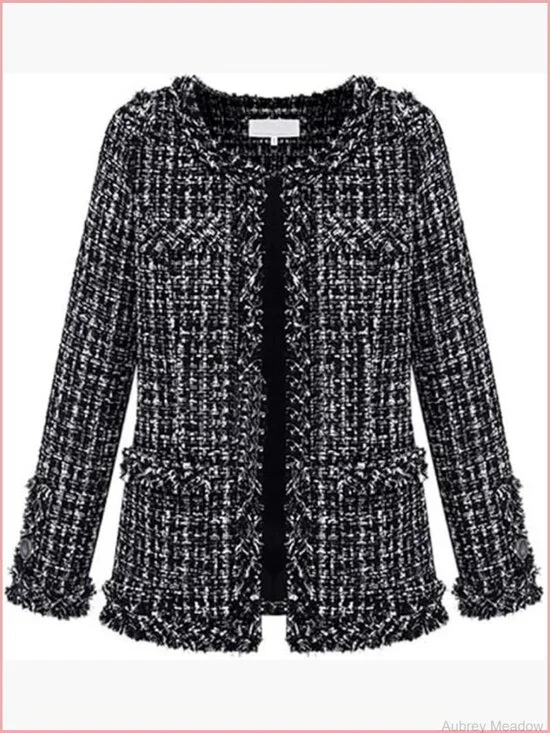 Vintage Chunky Tweed Plaid Blazer Open Front Fringed Casual Business Jacket