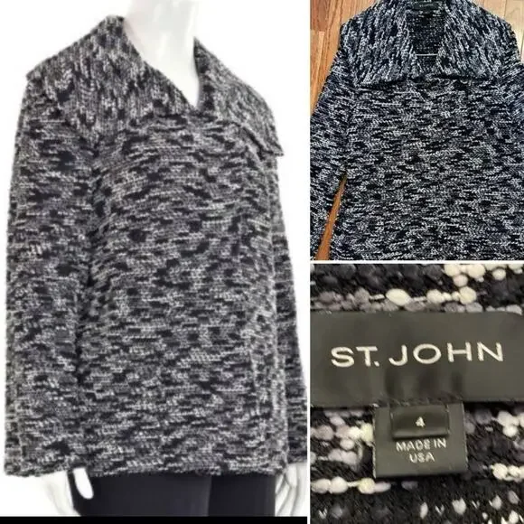 St John Collection Black & Gray Boucle Sweater Jacket Womens sz 4