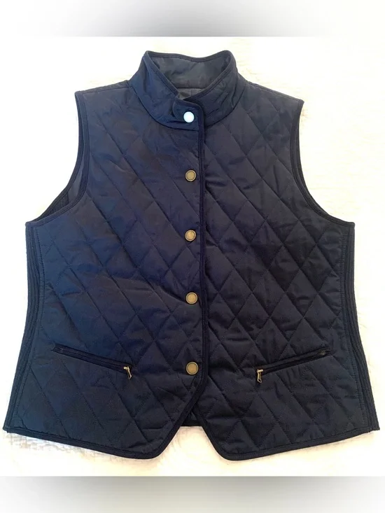 Talbots Petite Puffer Vest Quilted Sz PM Navy Snap Front Ribbed Preppy Gorpcore