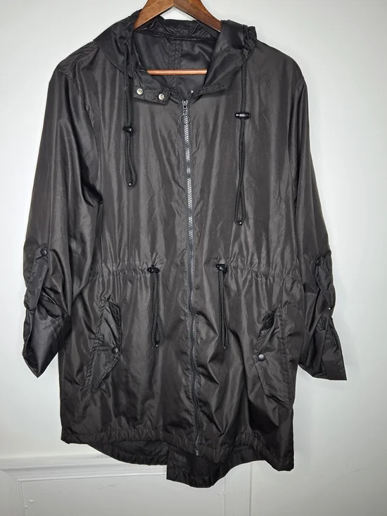 Solid Black Lightweight Hooded Rain Anorak Utility Jacket Zip Close-Size L