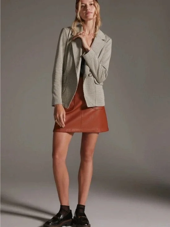 Maeve Anthropologie‎ Collegiate Knit Blazer Asymmetrical Check Brown Small NWT
