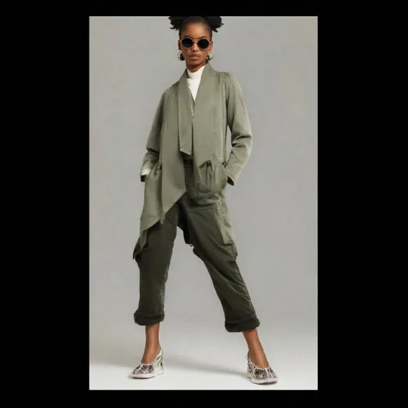 Max Jeans Vetiver Khaki Olive Green Long Drape Front Collar Boho  Jacket…