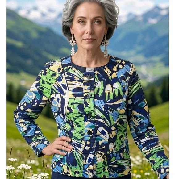 Chico's 1 Butterfly Print Button Front Jacket Blue Green Yellow Medium‎ NWOT