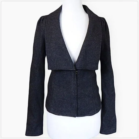 Free People Charcoal Gray Herringbone Tweed Puff Sleeve Jacket Blazer Coat 4