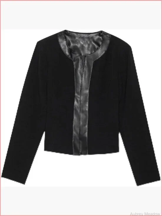 Collarless Blazer Jacket with Faux Leather Trim, Long Sleeve, Cropped