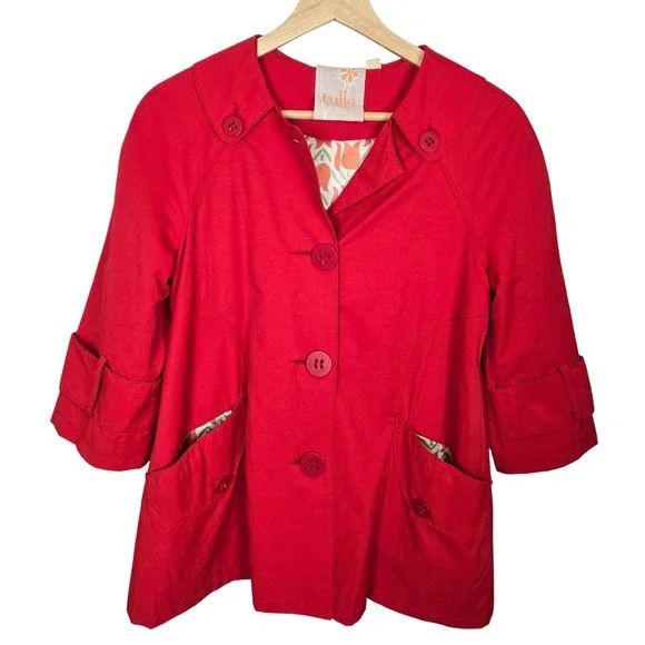 Anthropologie Tulle Cropped Trench Coat Womens XS Red 3/4‎ Retro Preppy Lined