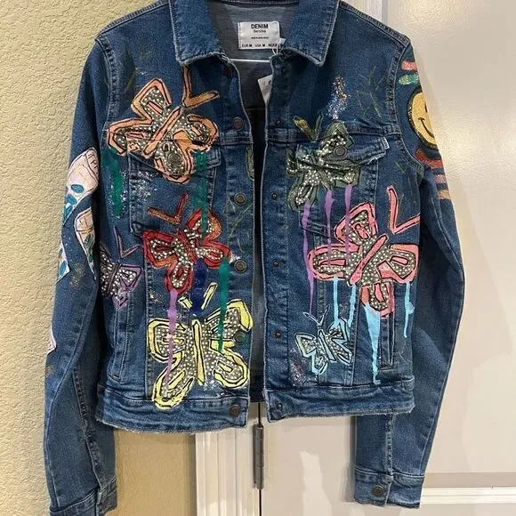 Denim Bershka medium hand painted women’s jacket NWT‎